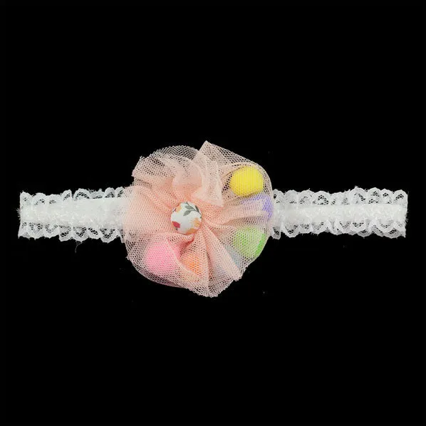 Girls White Lace Stretch  Headband with Mesh Flower and Colorful Beads