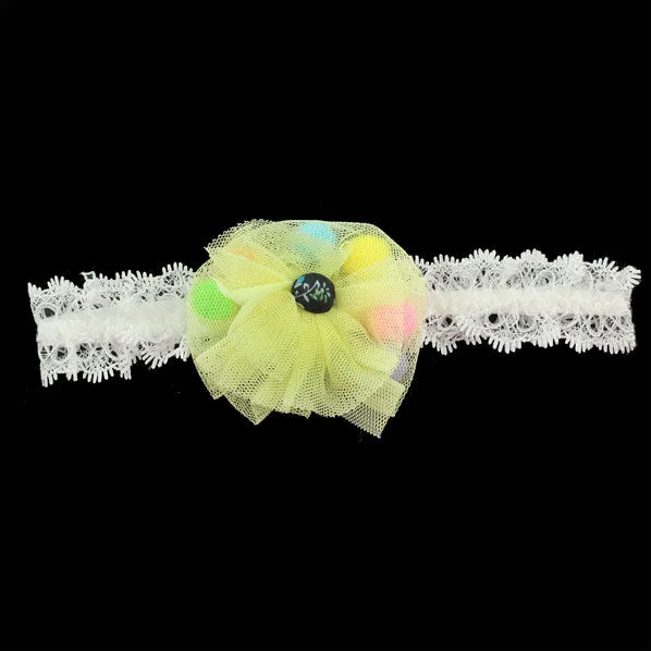 Girls White Lace Stretch  Headband with Mesh Flower and Colorful Beads