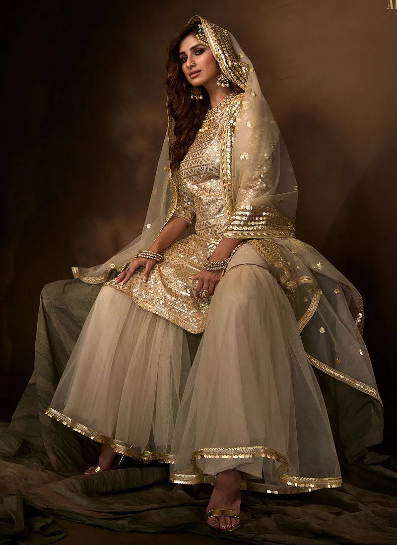 Golden Beige Traditional Embroidered Gharara Suit