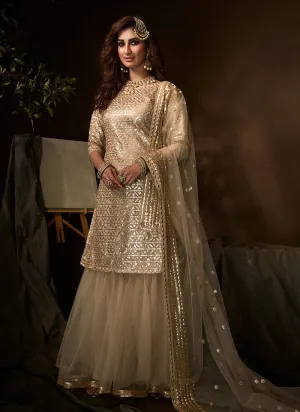 Golden Beige Traditional Embroidered Gharara Suit