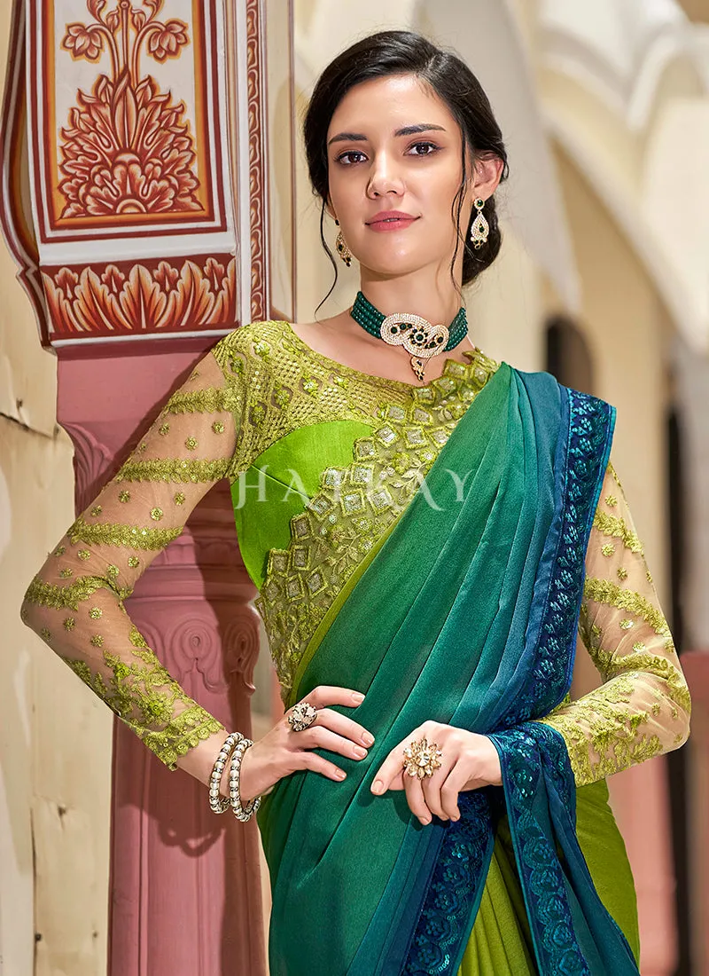 Green And Blue Sequence Embroidery Designer Silk Saree