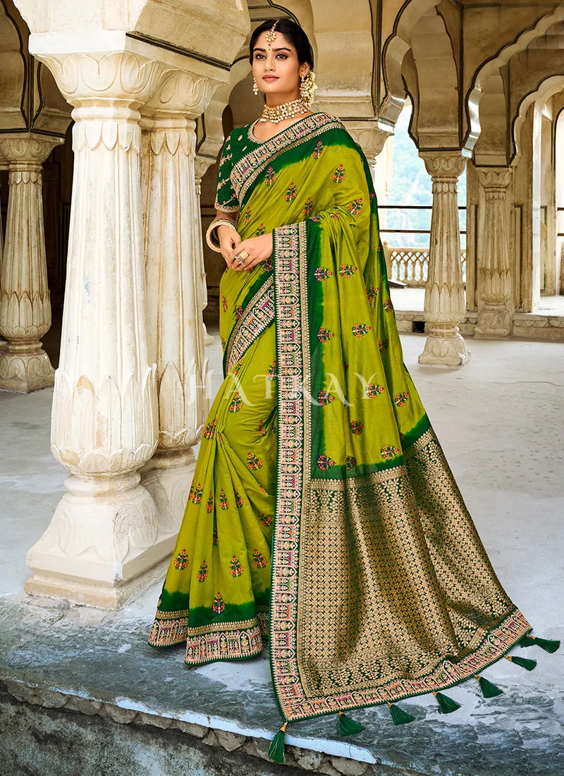 Green Two Tone Multi Embroidered Silk Saree