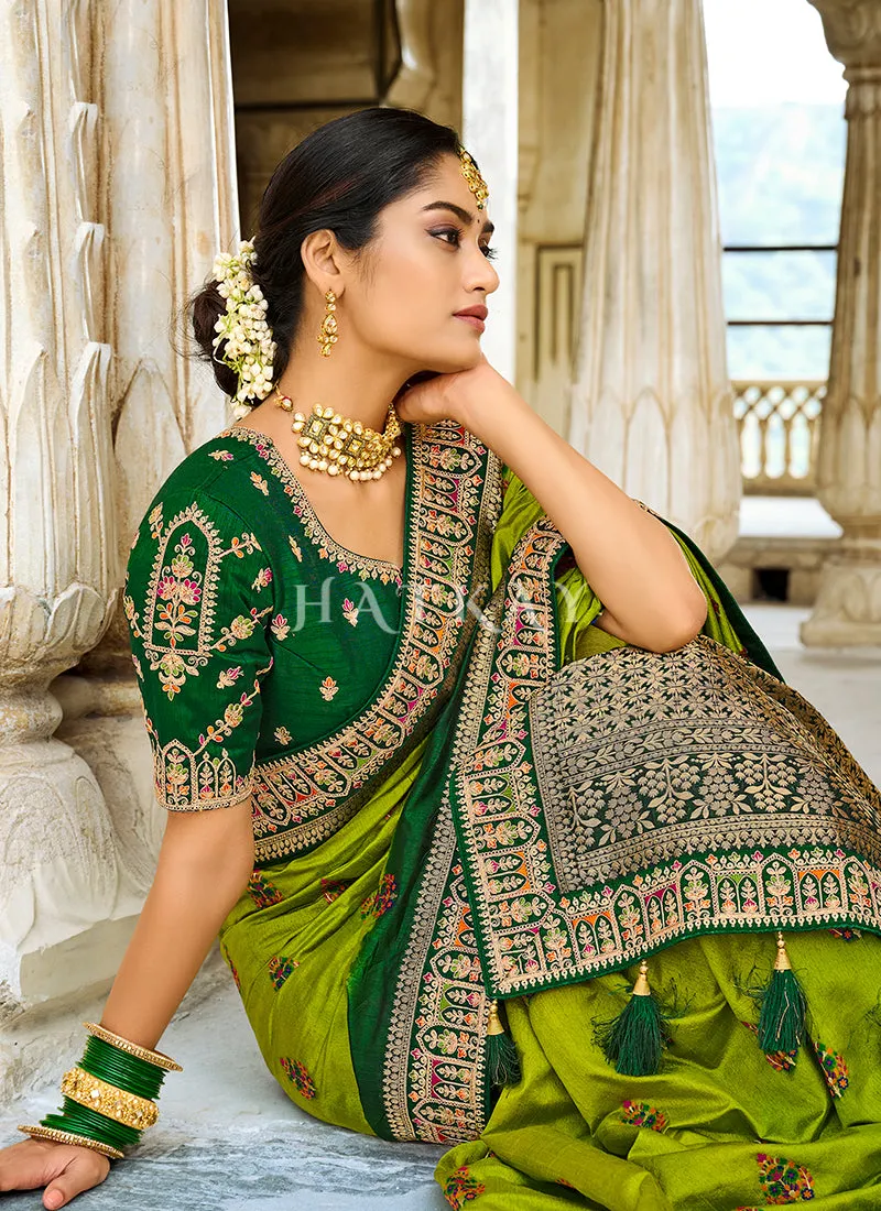 Green Two Tone Multi Embroidered Silk Saree