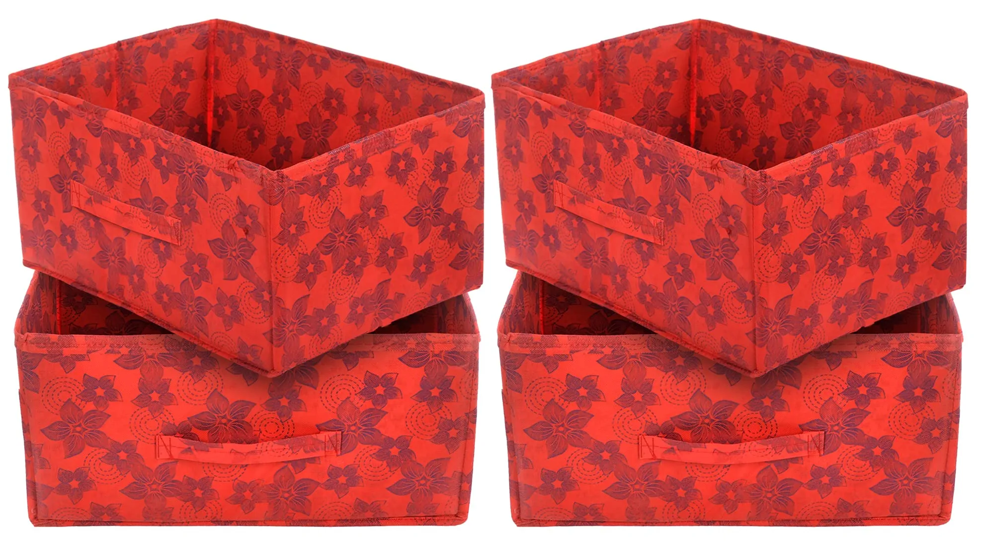 Heart Home Metallic Flower Printed Non-Woven Rectangular Flodable Cloth Storage Box/Drawer- Pack of 4 (Red)-HS43HEARTH26336