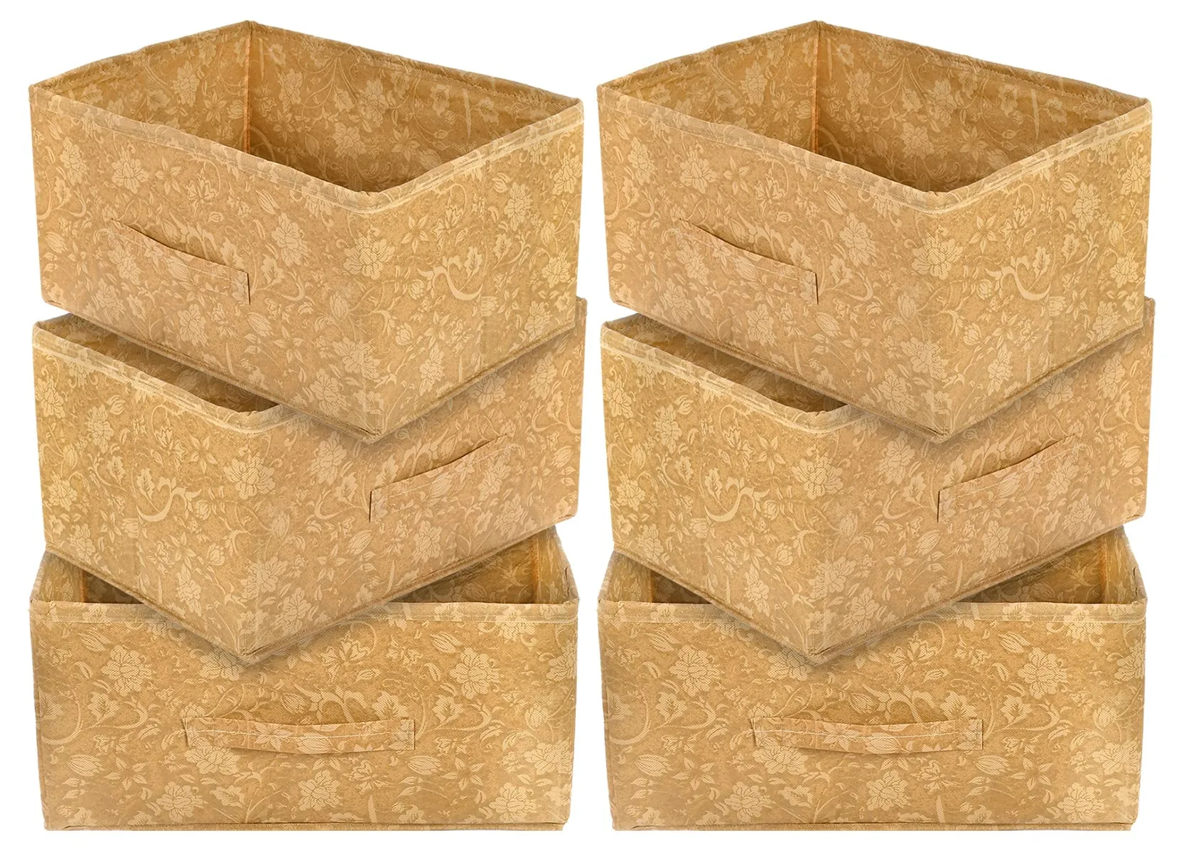 Heart Home Metallic Flower Printed Non-Woven Rectangular Flodable Cloth Storage Box/Drawer- Pack of 6 (Brown)-HS43HEARTH26328