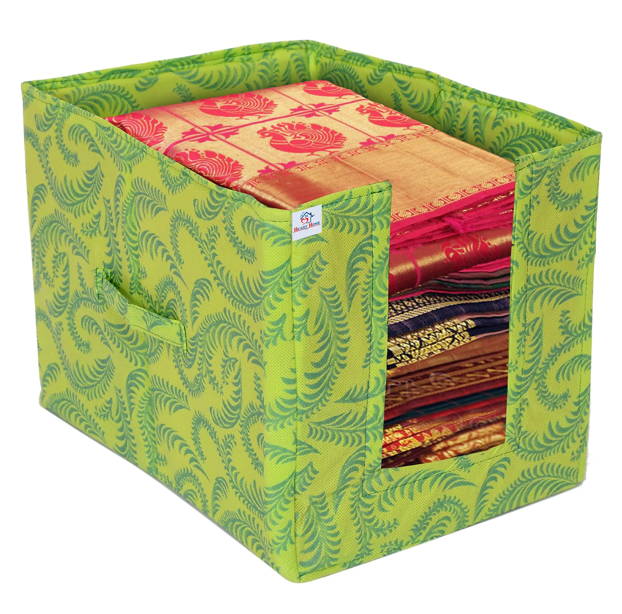 Heart Home Rectangular Saree Closet Organizer for Wardrobe/Closet Storage Box and Clothing for Women Clothes with Metallic Leaf Print (Green)