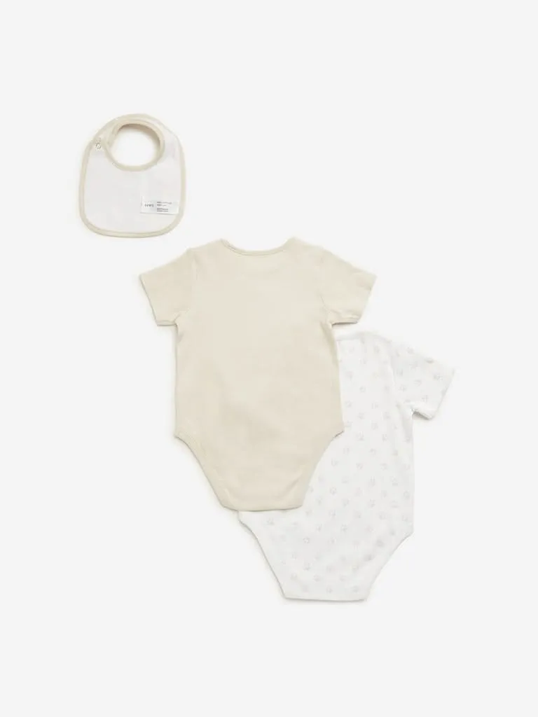 HOP Baby Beige Printed Rompers & Bib Set - Pack of 2