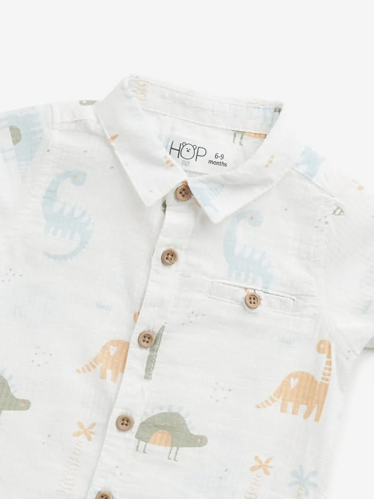 HOP Baby White Dinosaur Patterned Seersucker Shirt