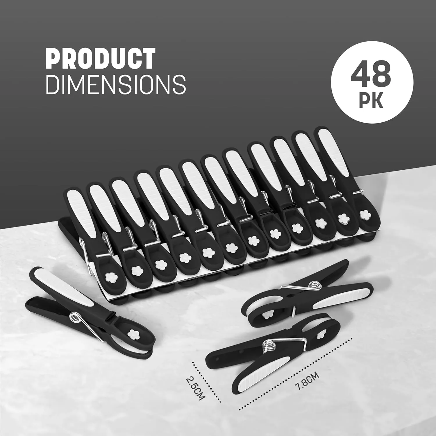 KEPLIN 48-Pack Black Clothes Pegs with Metal Springs | Strong Grip, Mark-Free Design, UV-Resistant Plastic for Indoor & Outdoor Use