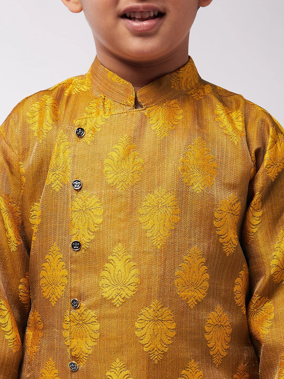 Kid's Jacquard Silk Mustard Self Design Kurta & Off-White Churidar Pyjama Set - Sojanya KID