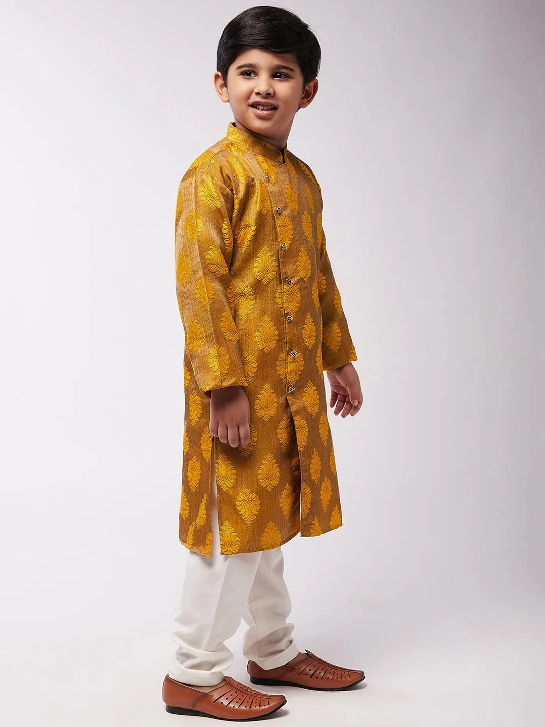 Kid's Jacquard Silk Mustard Self Design Kurta & Off-White Churidar Pyjama Set - Sojanya KID