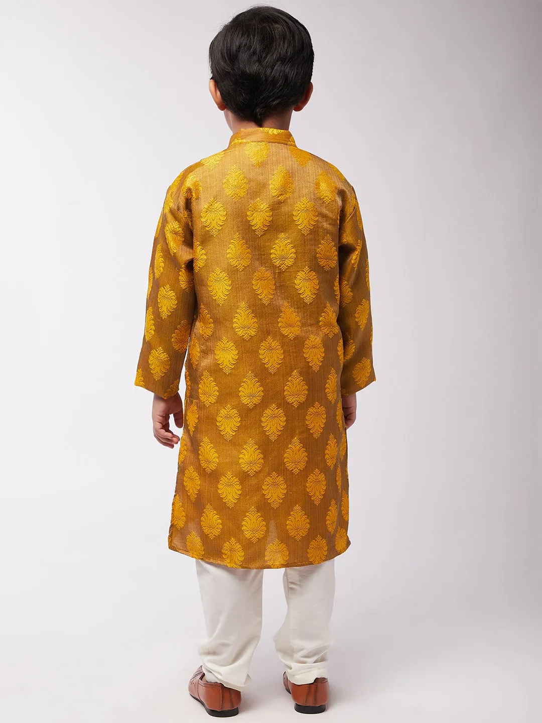 Kid's Jacquard Silk Mustard Self Design Kurta & Off-White Churidar Pyjama Set - Sojanya KID