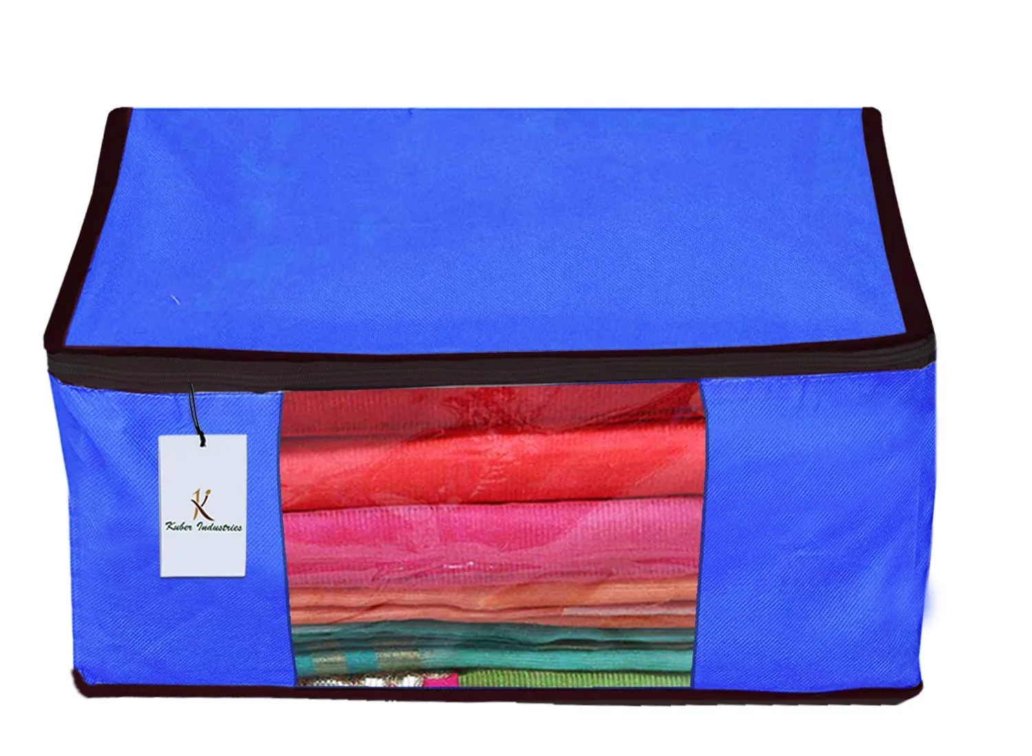 Kuber Industries 12 Pieces Non Woven Fabric Saree Cover/Clothes Organiser for Wardrobe Set with Transparent Window, Extra Large (Royal Blue)-KUBMART2777