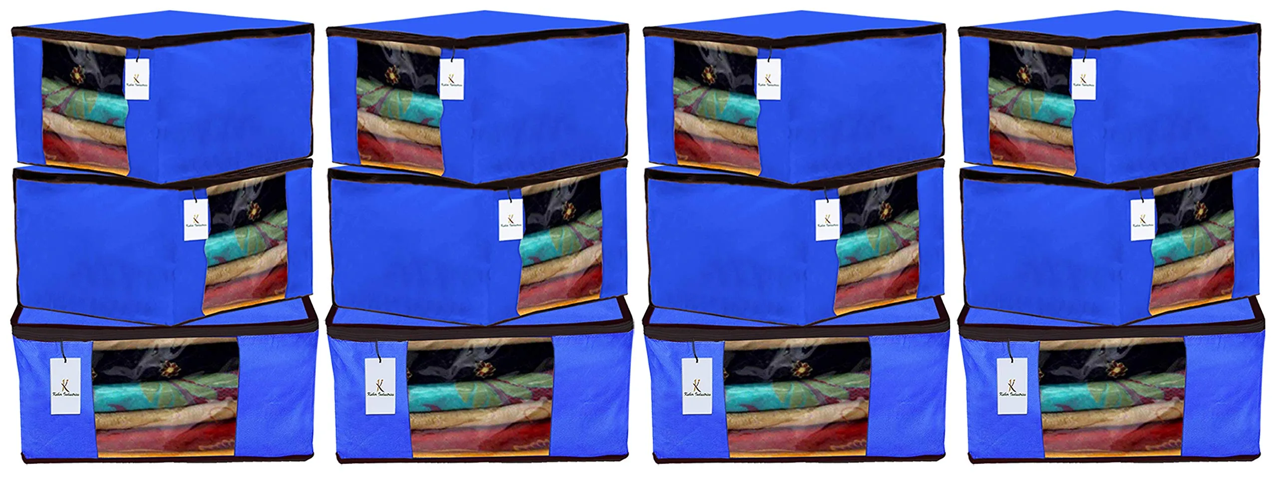 Kuber Industries 12 Pieces Non Woven Fabric Saree Cover/Clothes Organiser for Wardrobe Set with Transparent Window, Extra Large (Royal Blue)-KUBMART2777