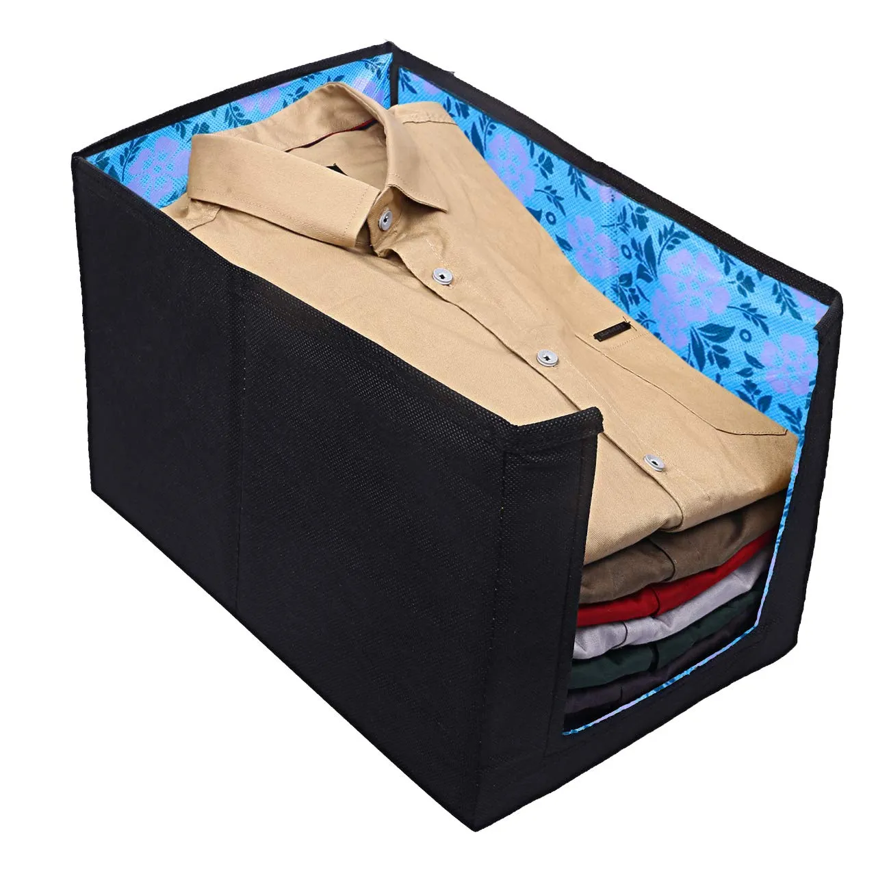 Kuber Industries Flower Design Non-Woven 3 Pieces Shirt Stacker Wardrobe Organizer (Blue) - CTKTC23241