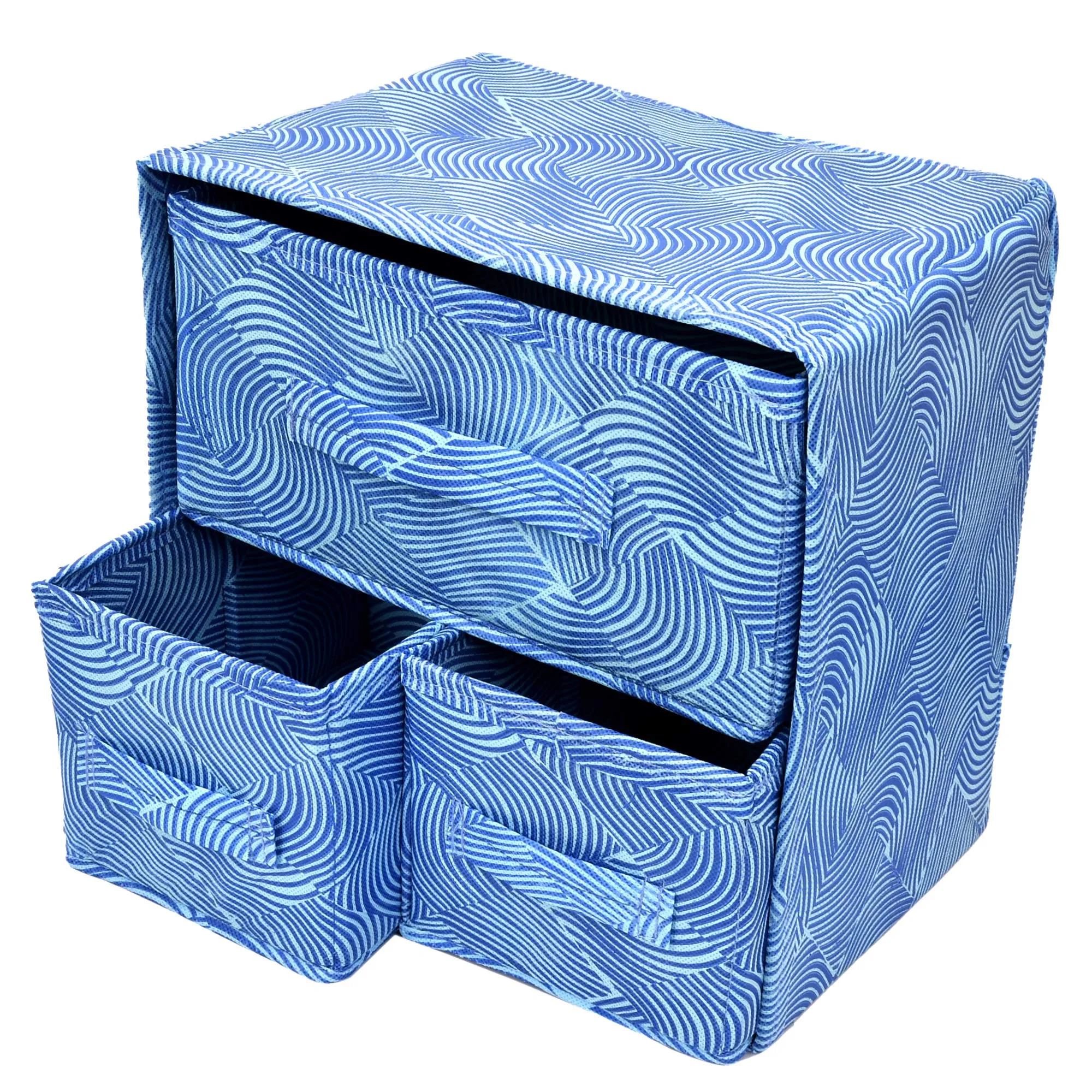 Kuber Industries Leheriya Print 2 Layer 3 Drawer Fabric Cube Foldable Storage Organizer Box, Dressing, Jewellery Organizer (Blue, 31 X 22 X 30 Cm)