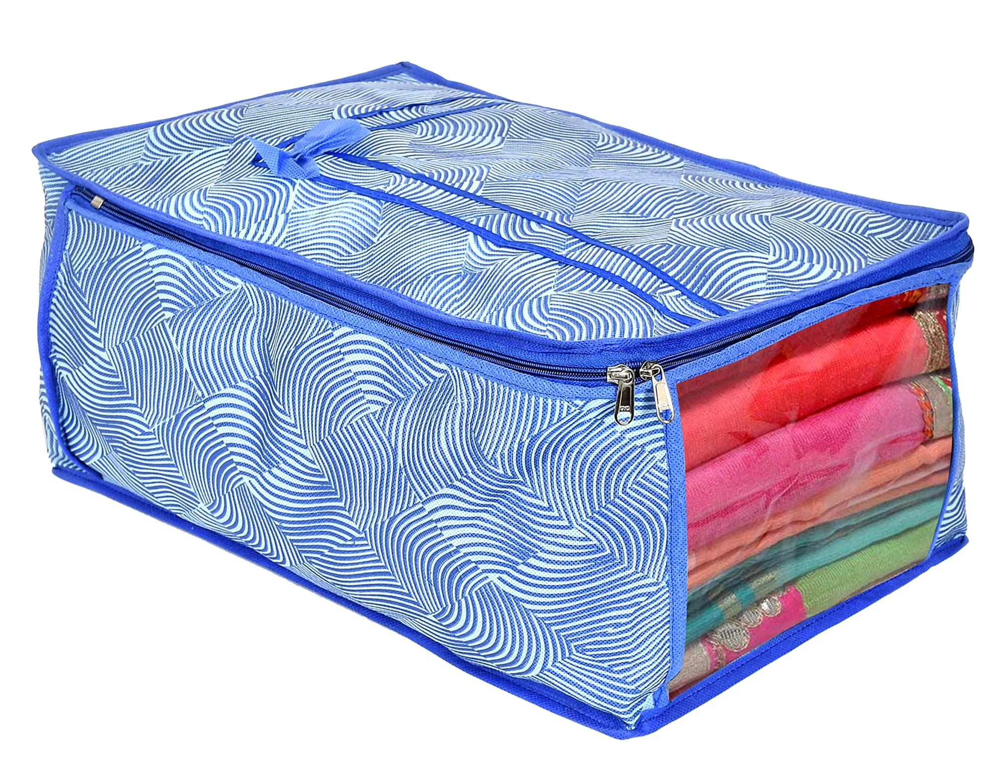 Kuber Industries Metalic LaHariya Print 9 Piece Non Woven Fabric Saree Cover Set with Transparent Window, Extra Large (Blue)