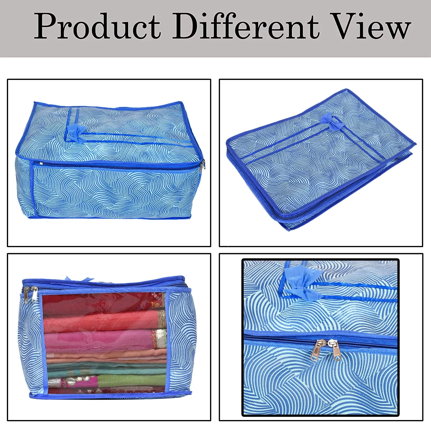 Kuber Industries Metalic LaHariya Print 9 Piece Non Woven Fabric Saree Cover Set with Transparent Window, Extra Large (Blue)