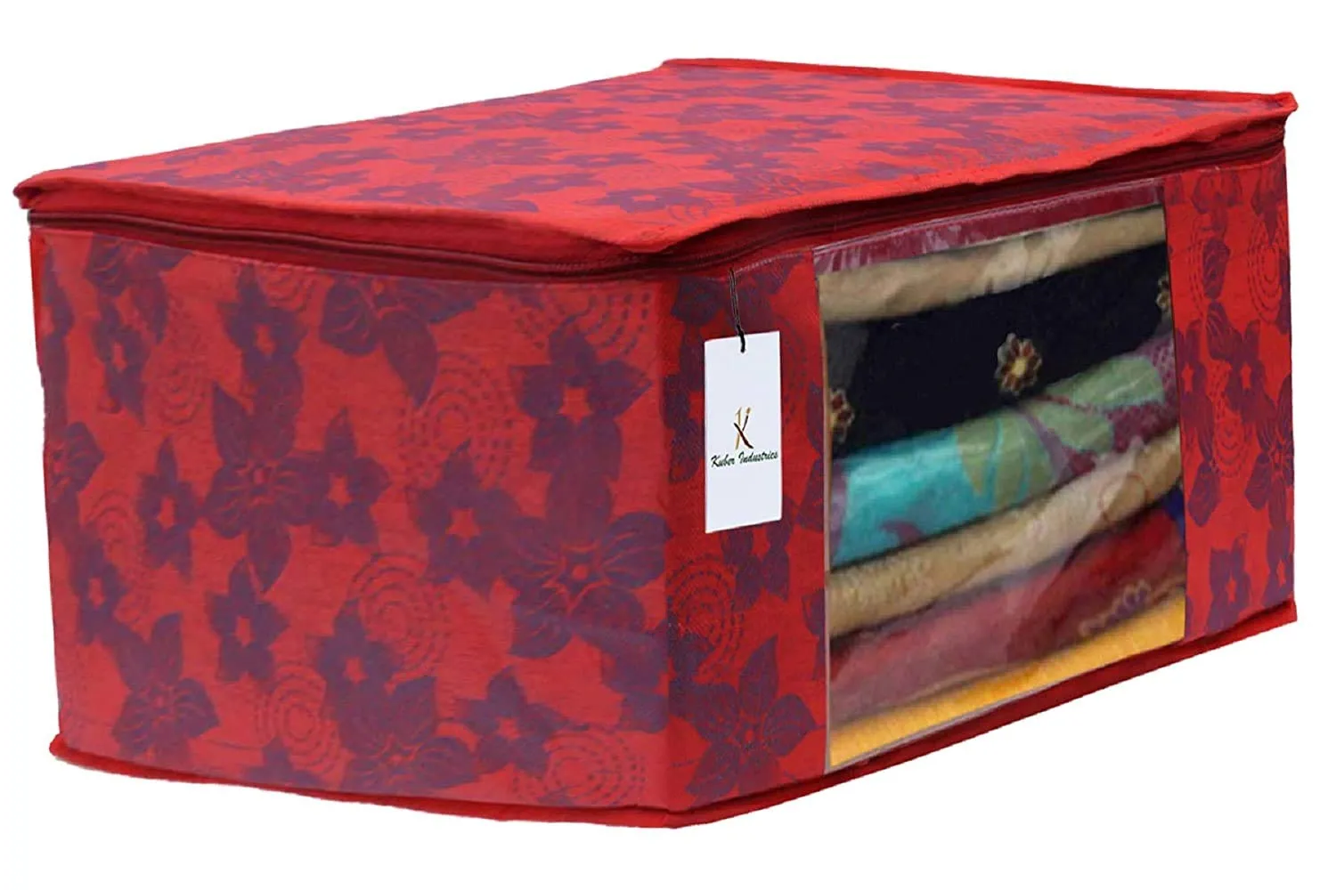 Kuber Industries Metalic Printed 12 Pieces Non Woven Fabric Saree Cover/Clothes Organiser for Wardrobe Set with Transparent Window, Extra Large (Red)-KUBMART2789