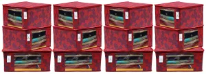 Kuber Industries Metalic Printed 12 Pieces Non Woven Fabric Saree Cover/Clothes Organiser for Wardrobe Set with Transparent Window, Extra Large (Red)-KUBMART2789