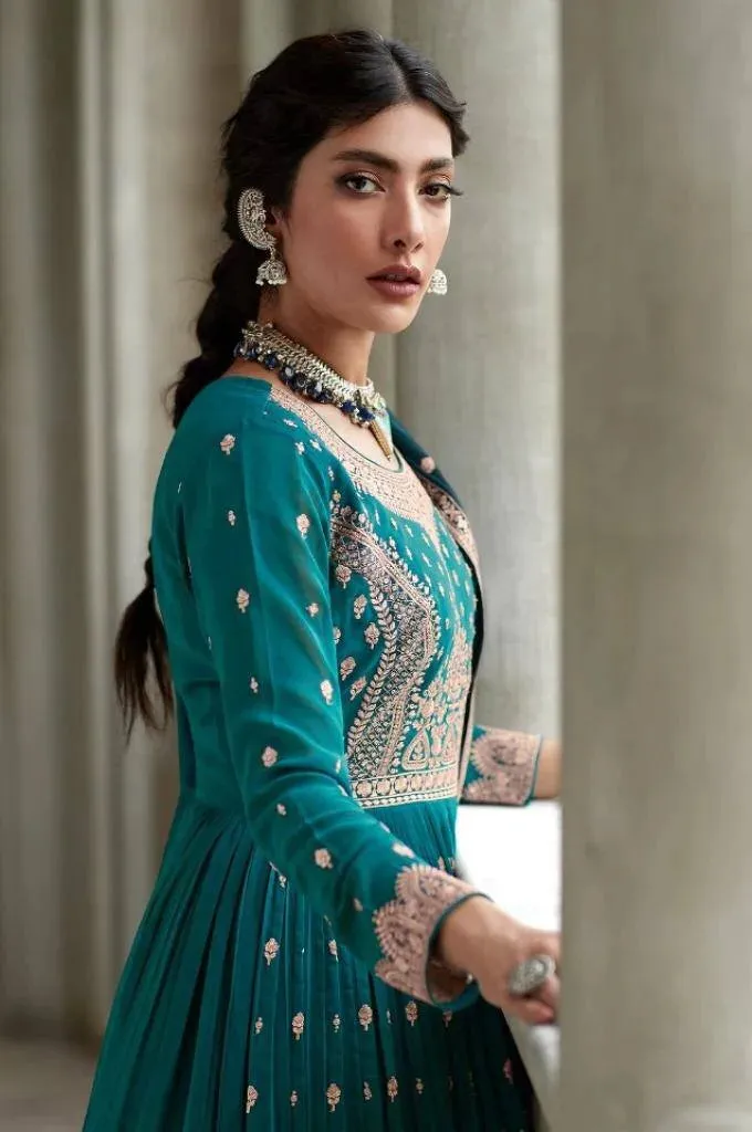 Lehenga Suit Set in Aqua Blue with Intricate Embroidery