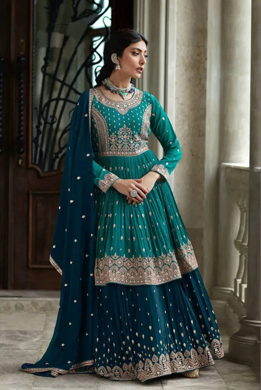 Lehenga Suit Set in Aqua Blue with Intricate Embroidery