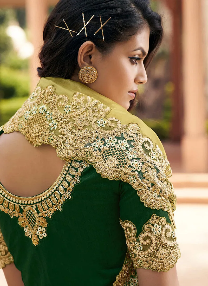 Lime And Green Embroidered Indian Silk Saree