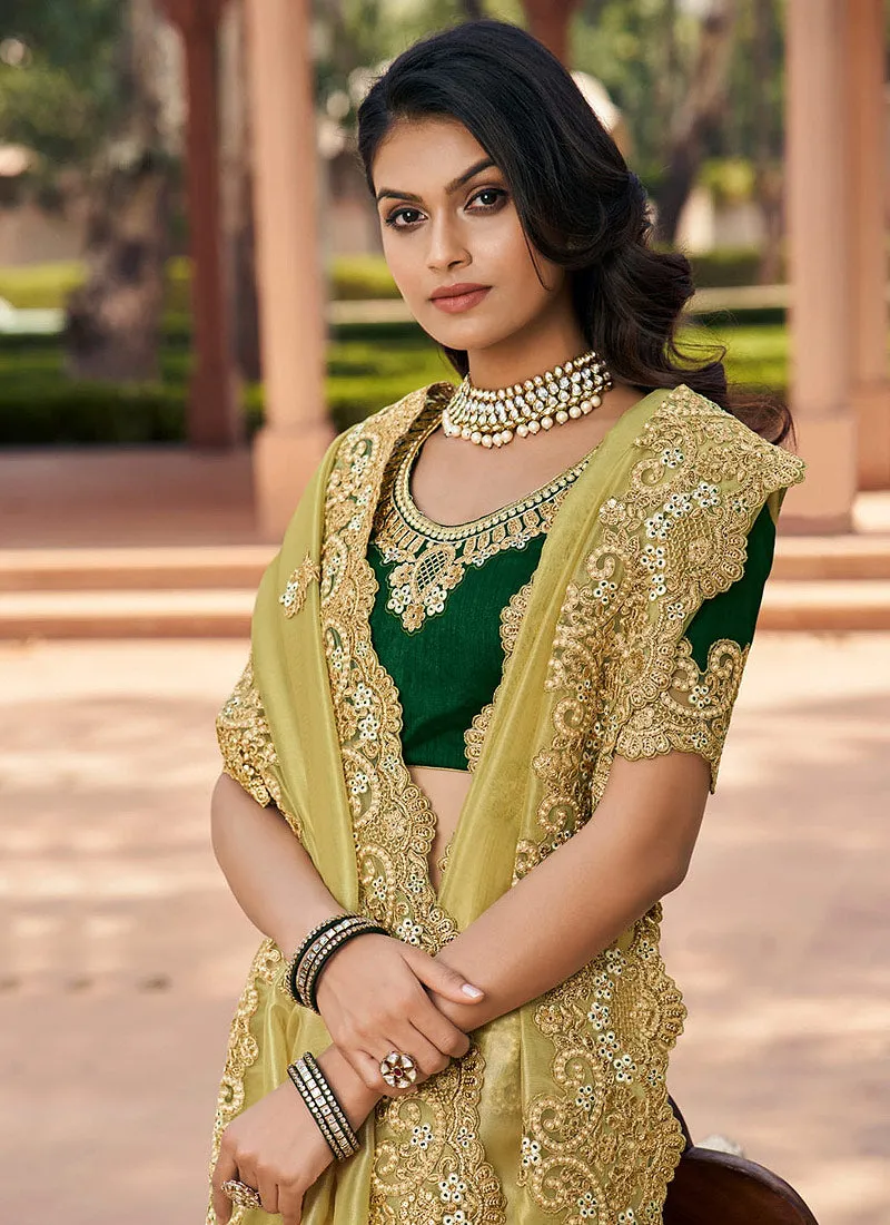 Lime And Green Embroidered Indian Silk Saree