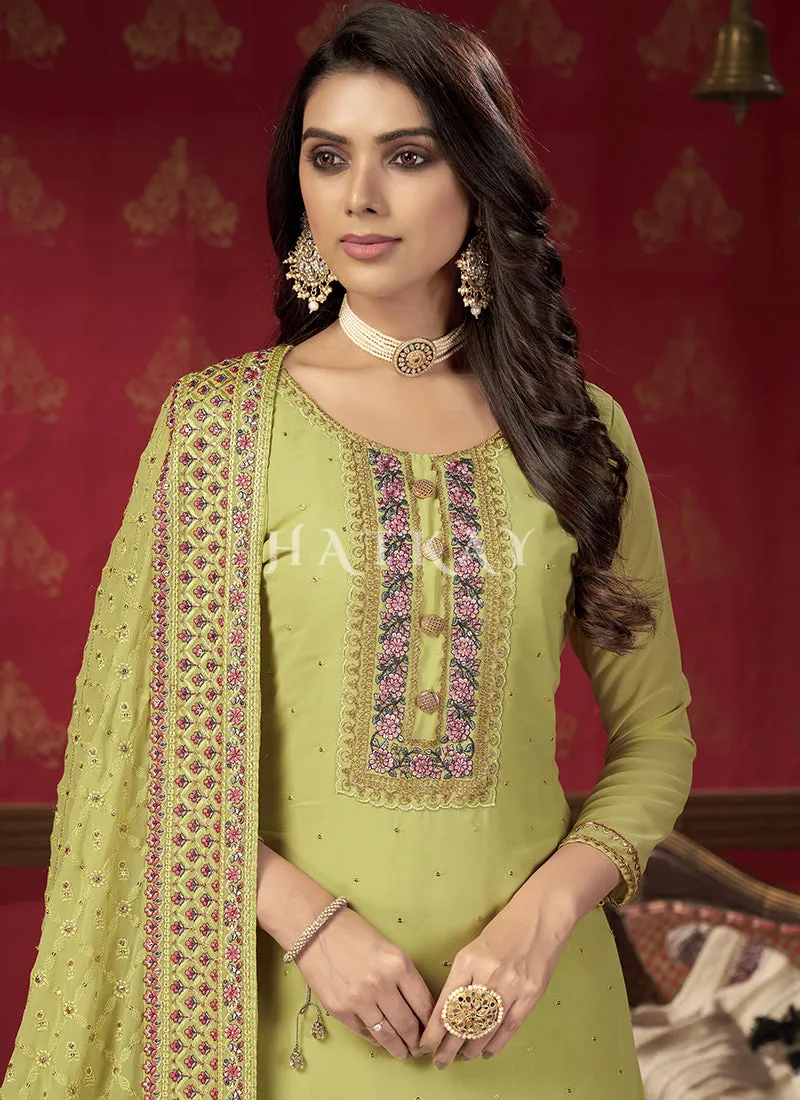 Lime Yellow Multi Embroidered Pleated Gharara Suit