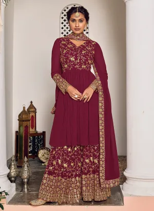 Magenta Golden Zari Embroidered Traditional Gharara Style Suit