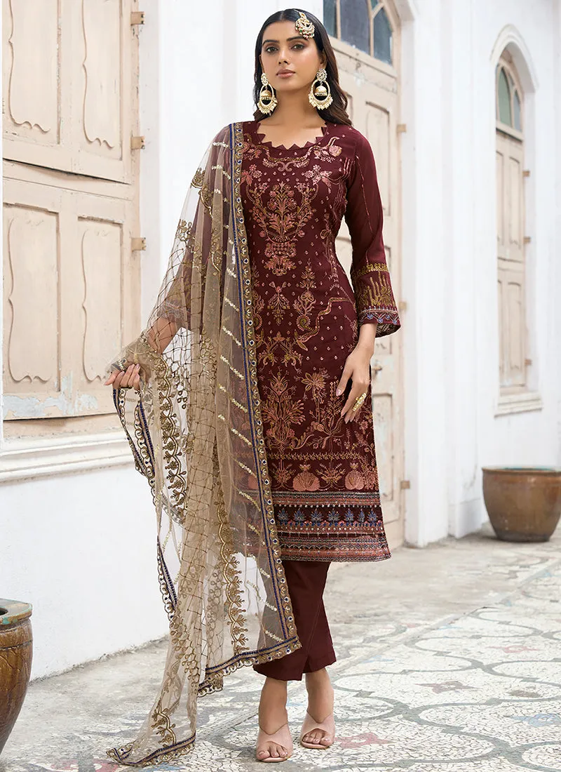 Maroon Multi Embroidery Pakistani Pant Style Suit