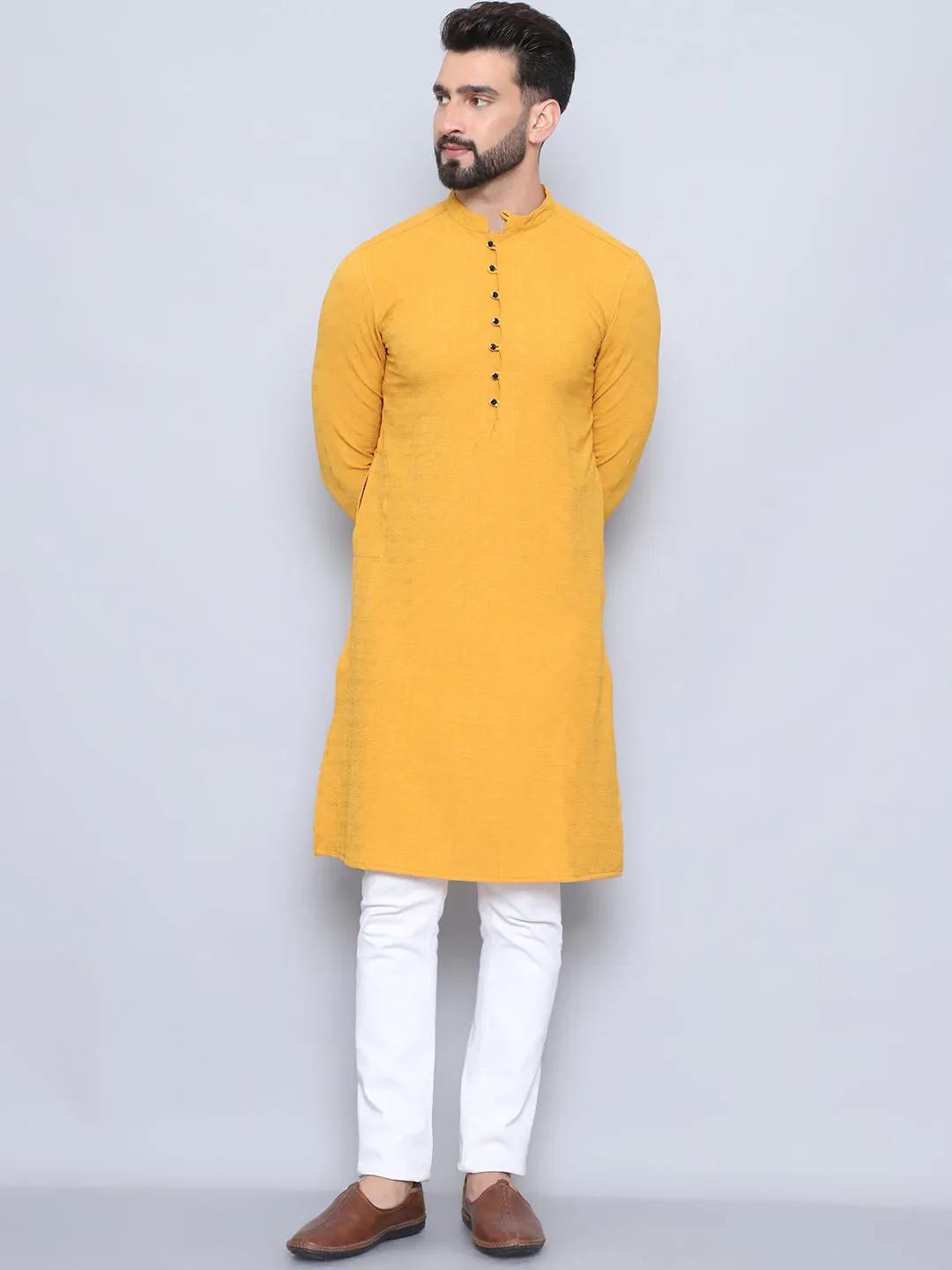 Men's Yellow Pure Rayon Loop Button Kurta - Even Apparels