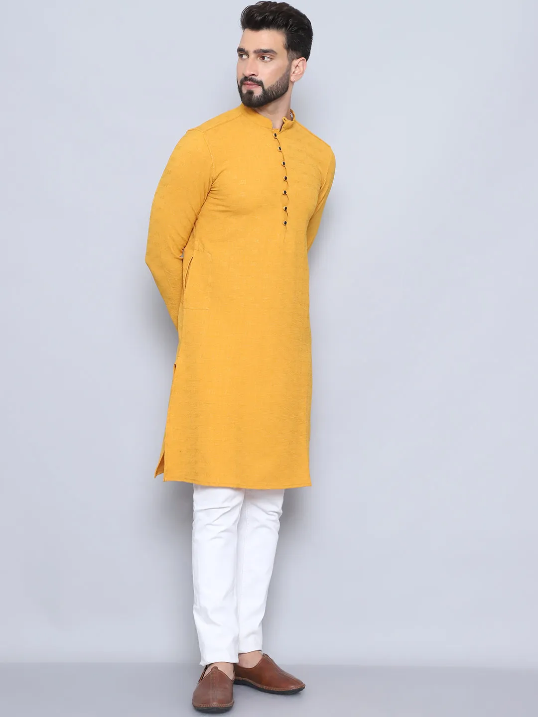 Men's Yellow Pure Rayon Loop Button Kurta - Even Apparels