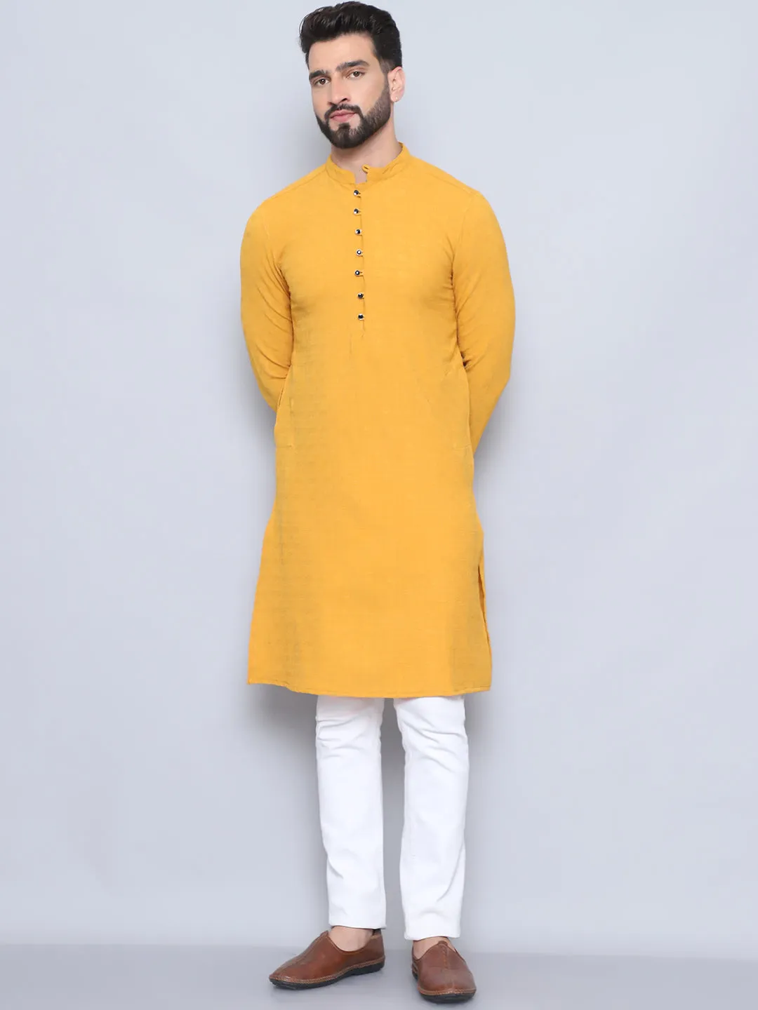 Men's Yellow Pure Rayon Loop Button Kurta - Even Apparels