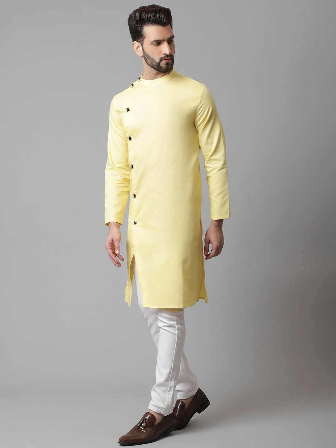 Men's Yellow Sherwani Kurta With Asymetrical Cut - Even Apparels