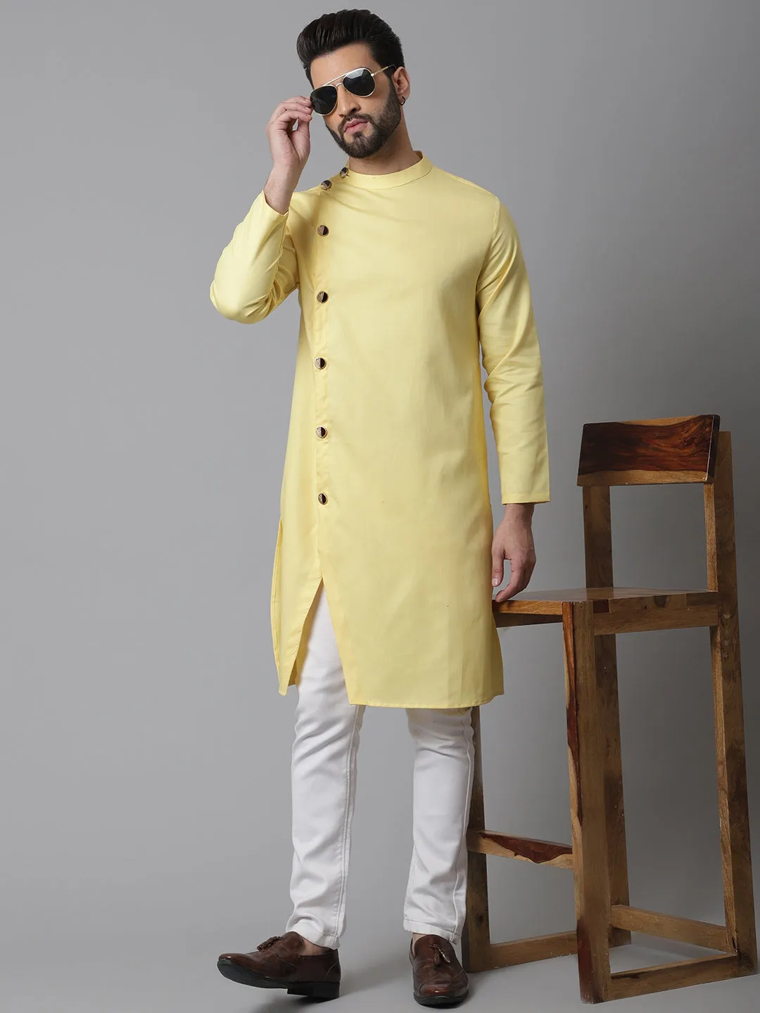 Men's Yellow Sherwani Kurta With Asymetrical Cut - Even Apparels