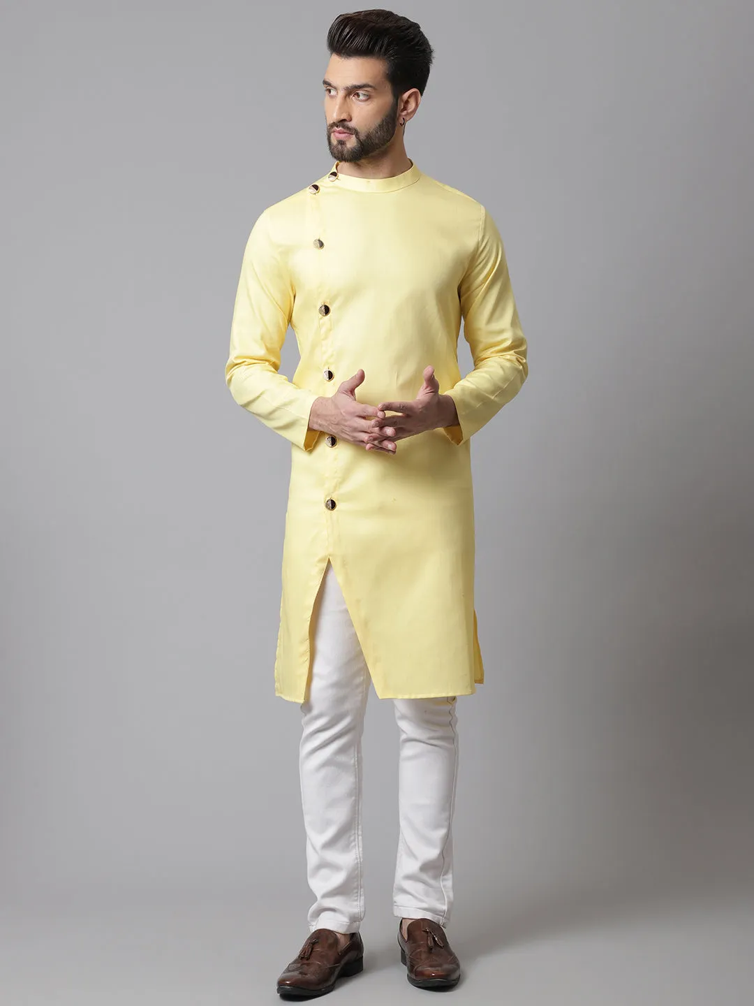 Men's Yellow Sherwani Kurta With Asymetrical Cut - Even Apparels