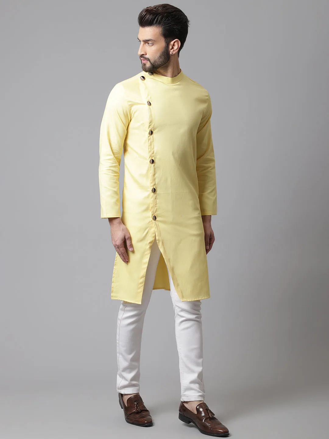 Men's Yellow Sherwani Kurta With Asymetrical Cut - Even Apparels