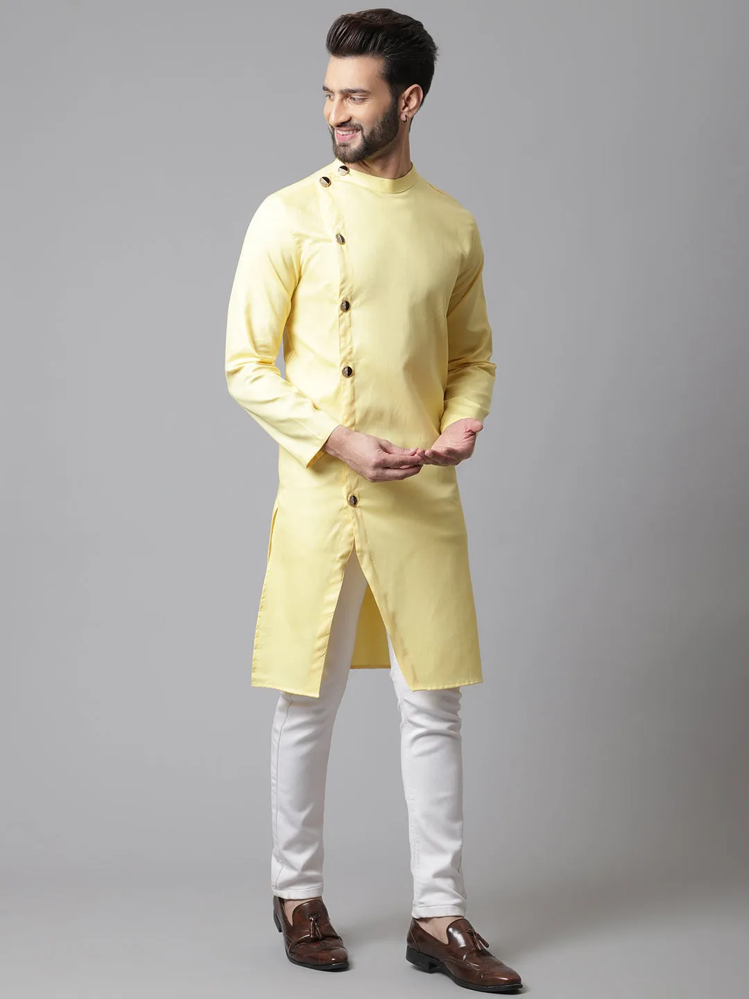 Men's Yellow Sherwani Kurta With Asymetrical Cut - Even Apparels