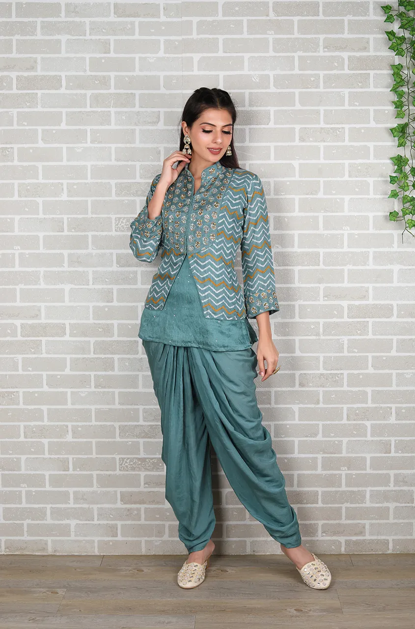 METTLE- Turkish Blue Koti Jacket Three Piece Set