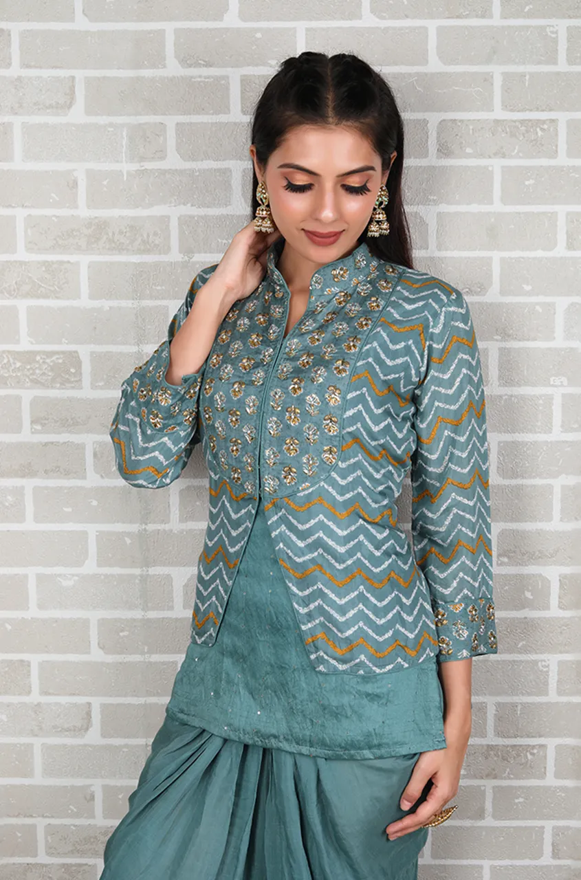 METTLE- Turkish Blue Koti Jacket Three Piece Set