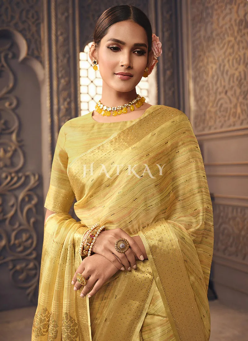 Mustard Yellow Zari Embroidery Designer Organza Silk Saree