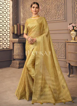 Mustard Yellow Zari Embroidery Designer Organza Silk Saree