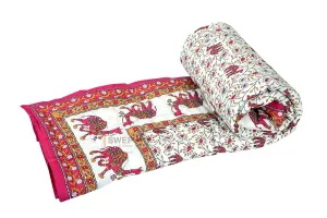 Namaste India Cotton Single Bed Reversible Jaipuri Razai Quilt, Blue