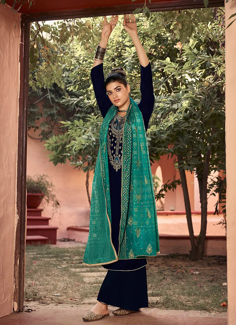 Navy Blue And Turquoise Pakistani Palazzo Suit