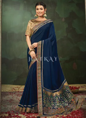 Navy Blue Golden Embroidery Traditional Satin Silk Saree