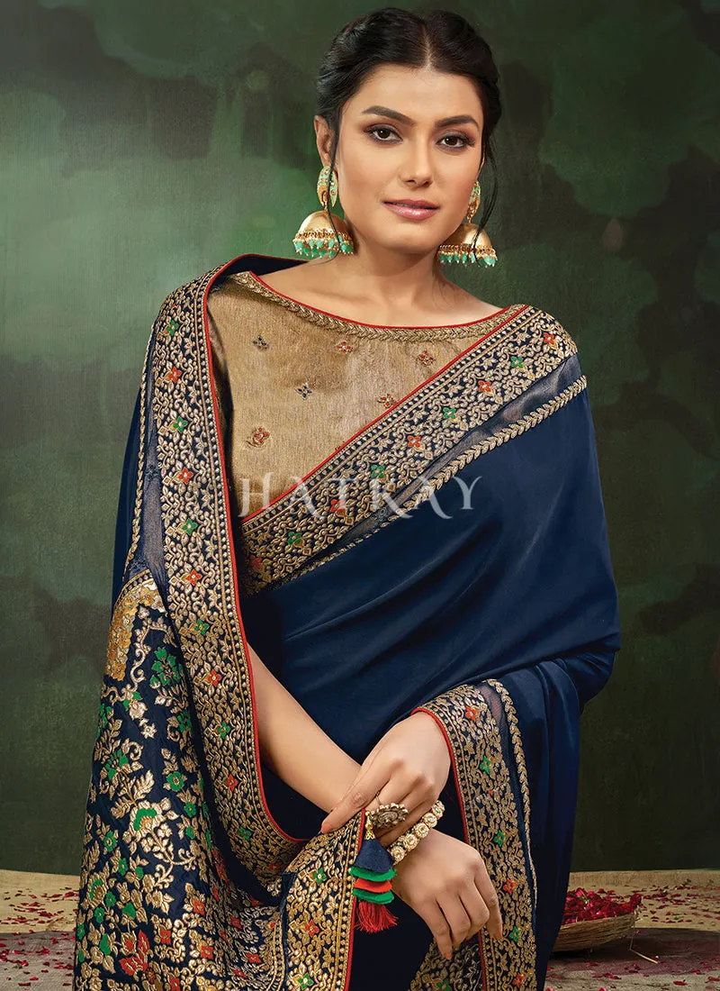 Navy Blue Golden Embroidery Traditional Satin Silk Saree