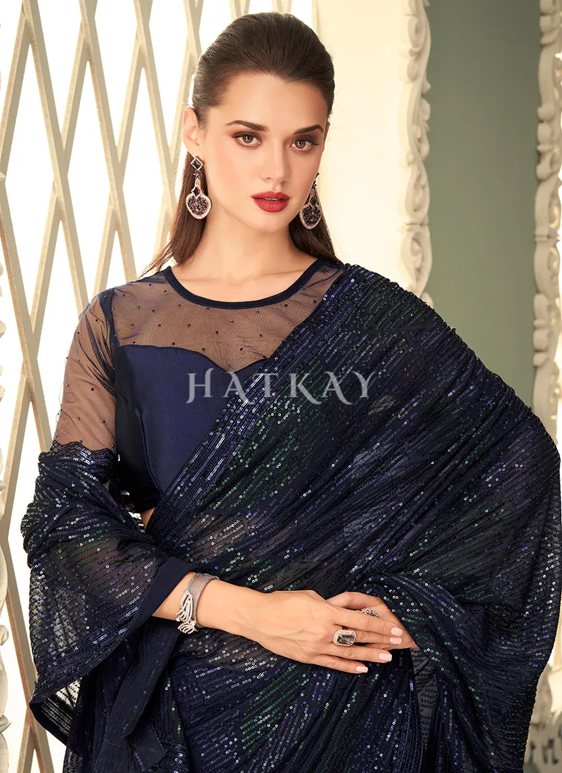 Navy Blue Sequins Embroidery Georgette Saree