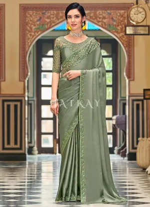 Olive Green Sequence Embroidery Designer Silk Saree