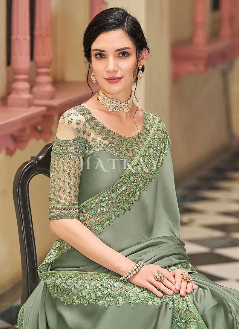 Olive Green Sequence Embroidery Designer Silk Saree